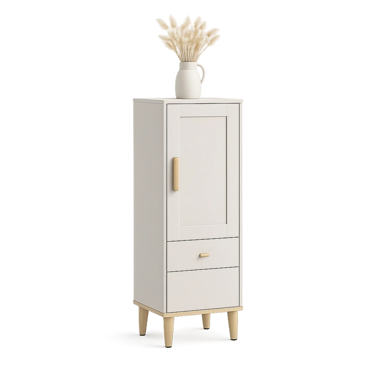 Kredens stojący MDF lakierowany biały drewniane nogi złote uchwyty 40 x 35 x 120 cm