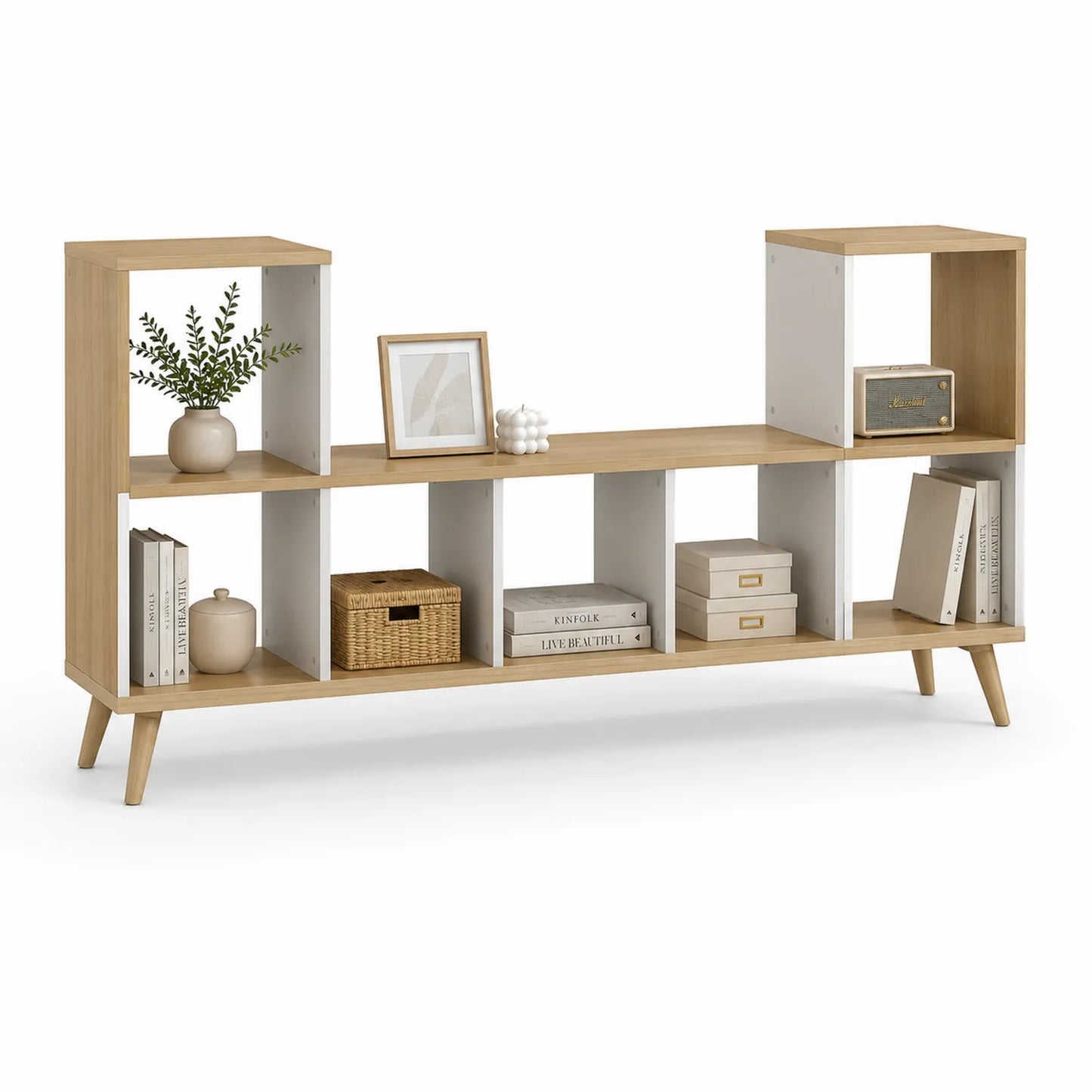 Szafka RTV prostokątna 160 x 30 x 70 cm z MDF laminowanego w kolorze naturalnego dębu i białym z otwartymi półkami