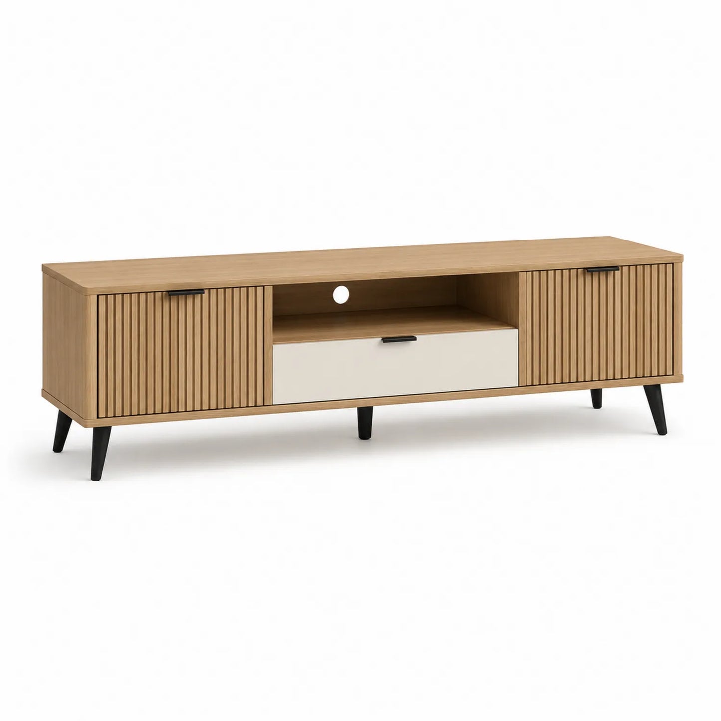 Szafka RTV MDF laminowana dąb naturalny biały 180 cm 40 cm 50 cm z czarnymi stalowymi nogami i otworem na kable