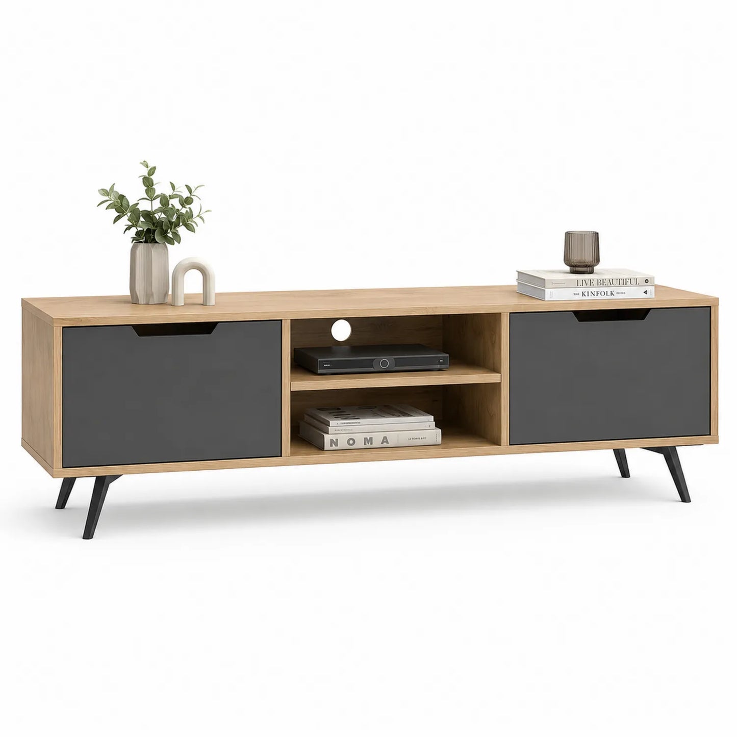 Szafka RTV 180 x 40 x 45 cm MDF dekor dąb naturalny szare fronty czarne metalowe nogi z otwartą półką i przepustem na kable