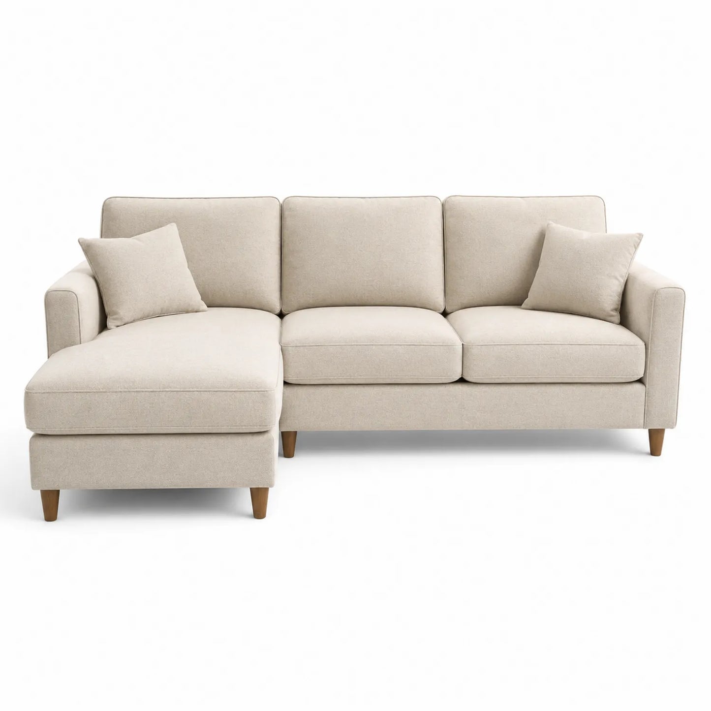 Sofa narożna z lewym szezlongiem 230 x 145 x 85 cm tapicerowana beżową tkaniną poliestrową z drewnianymi nogami
