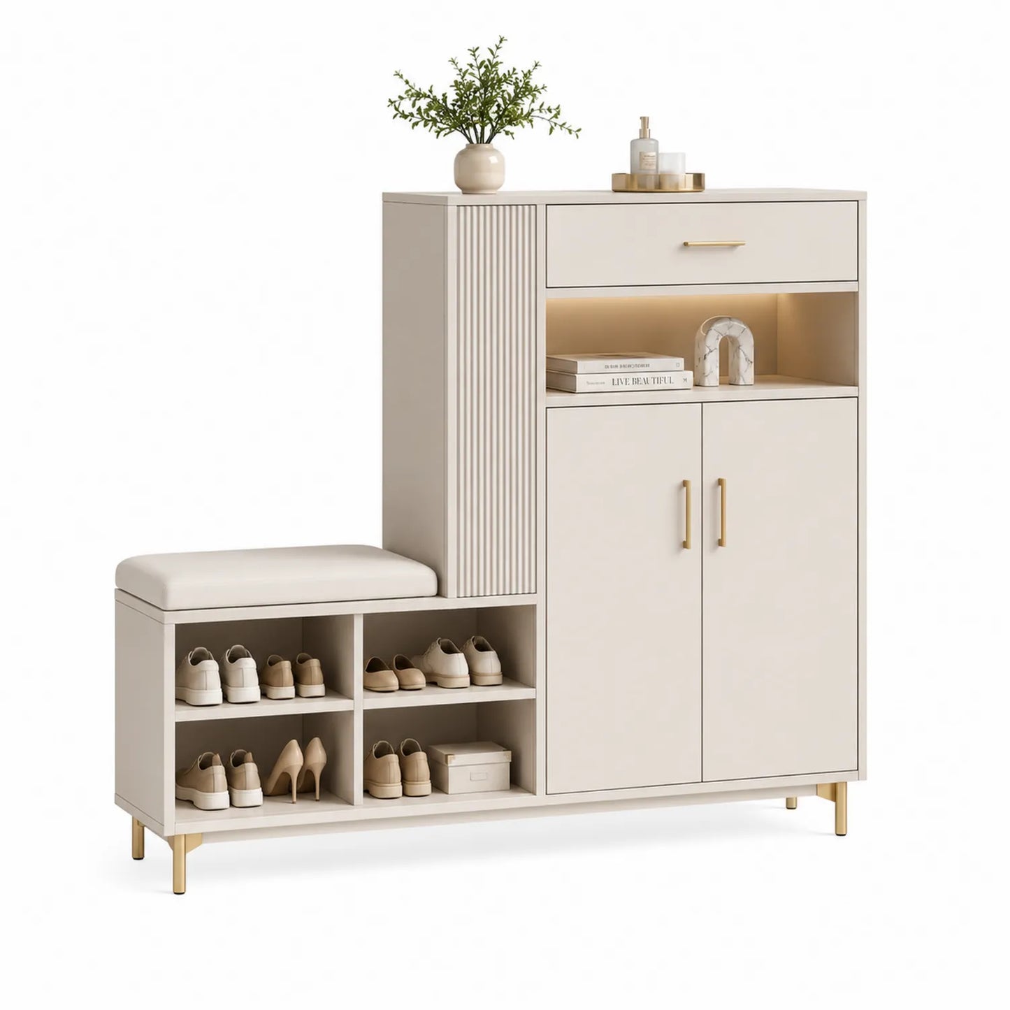Szafka na buty z siedziskiem 160 cm x 40 cm x 85 cm MDF beżowa z szufladą i zamykanymi drzwiami złote uchwyty