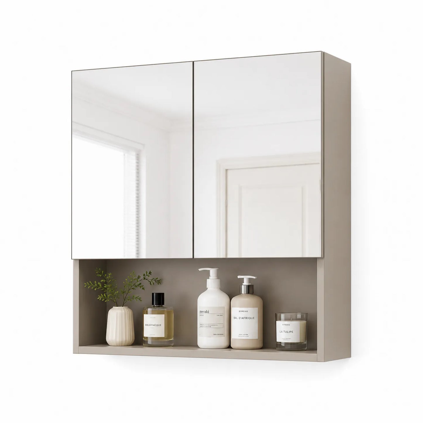 Szafka łazienkowa z lustrem 60 x 70 x 15 cm MDF beżowo szara wisząca z podwójnymi drzwiami i otwartą półką