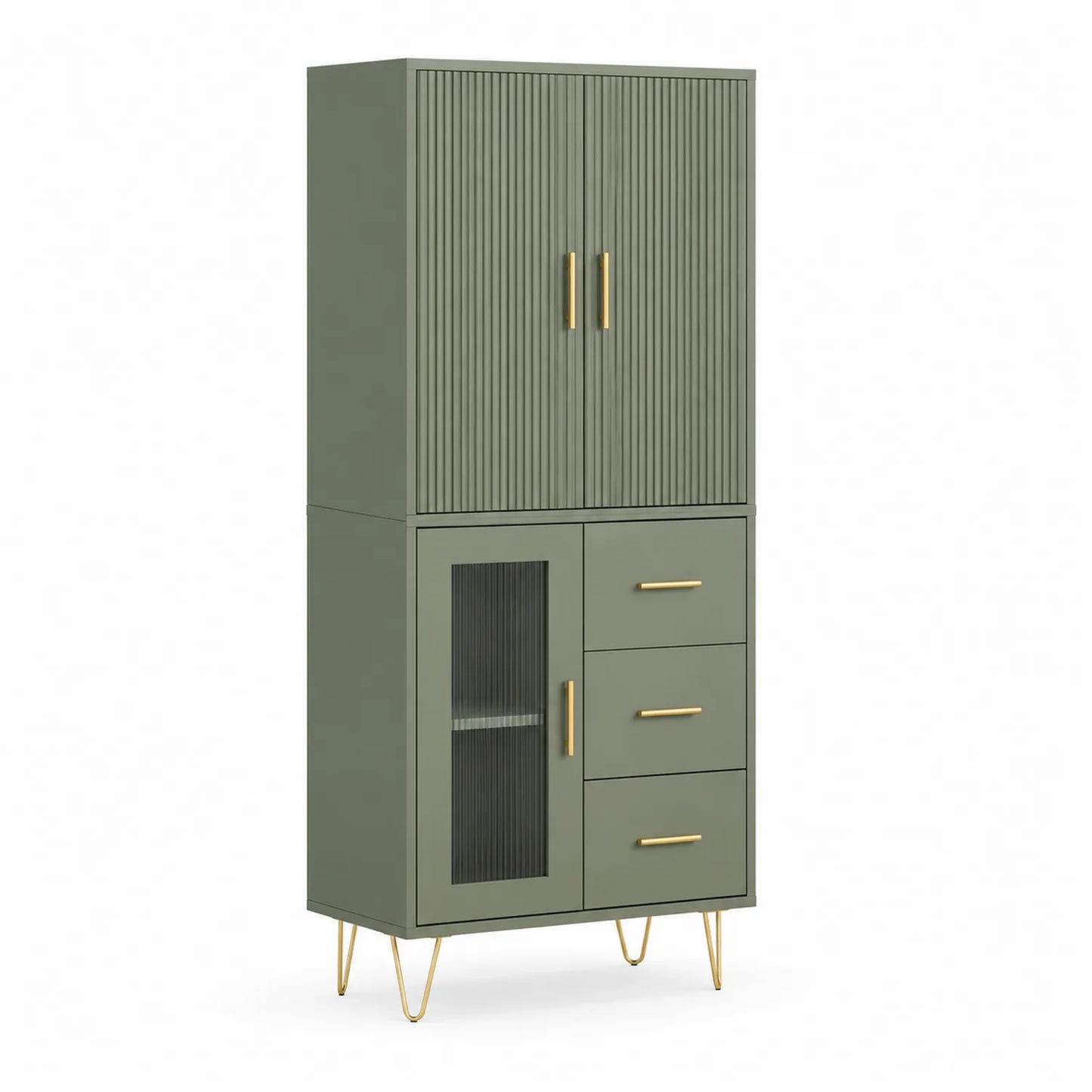 Kredens do jadalni 190 cm MDF zielony ryflowane fronty szkło ryflowane złote uchwyty metalowe nogi 80 cm 40 cm