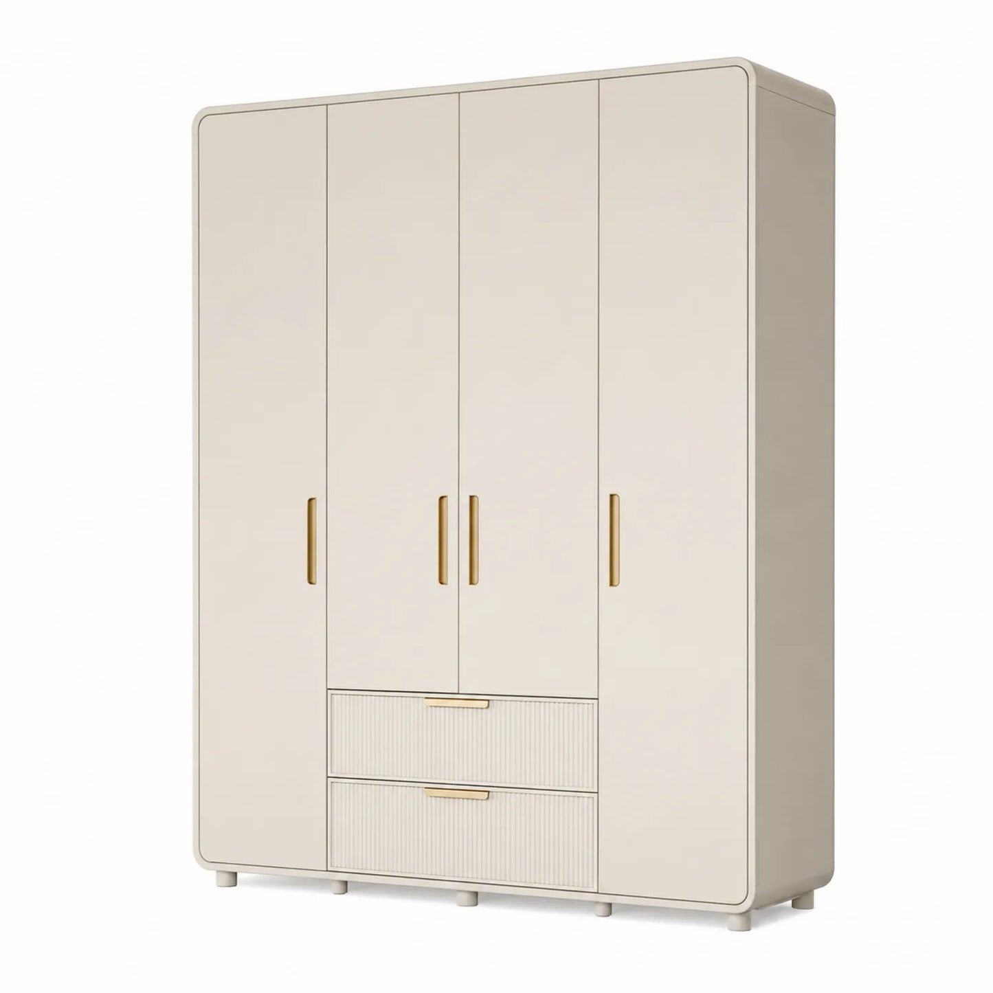 Szafa 4-drzwiowa 180x55x200 cm MDF beżowa złote uchwyty z 2 szufladami i półkami