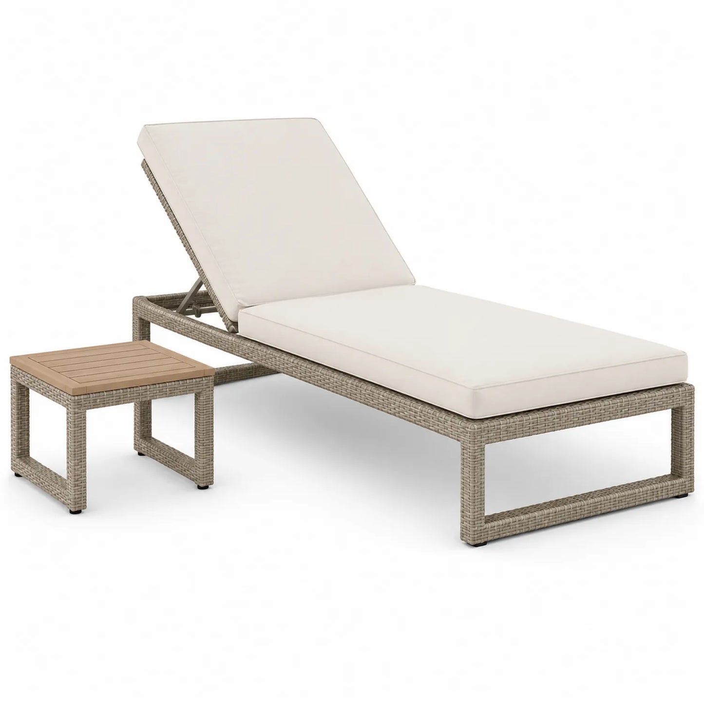 Regulowany leżak ogrodowy technorattan aluminiowy beżowy 200 cm x 65 cm x 30–90 cm z poduszką i stolikiem pomocniczym