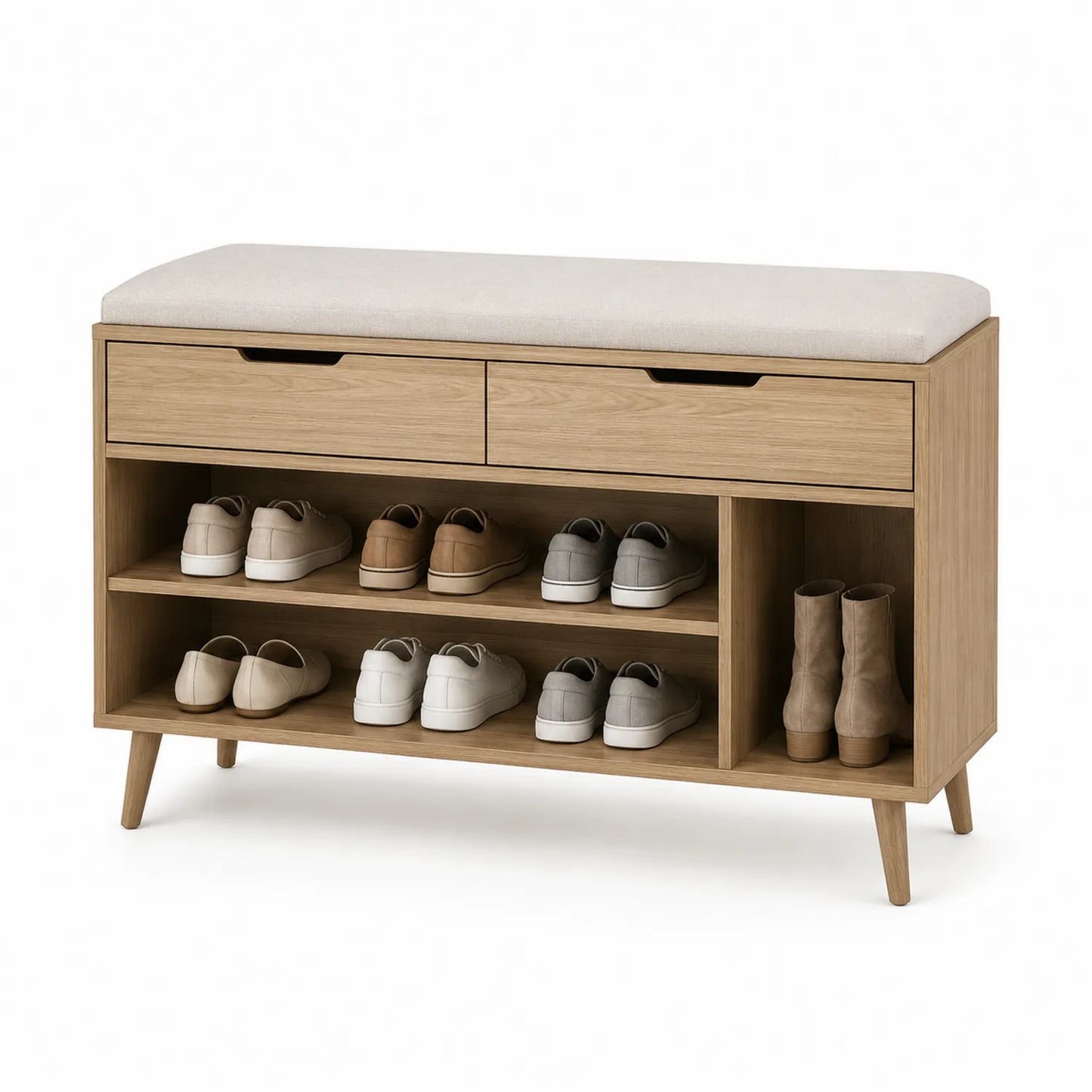 Szafka na buty z siedziskiem 2 szuflady MDF dekor dębu tkanina beżowa 100 x 35 x 50 cm