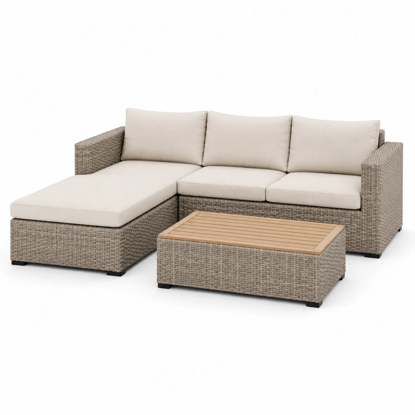Zestaw mebli ogrodowych sofa narożna z leżanką i stolikiem 220 x 140 x 70 cm technorattan beżowy jasnoszary brąz