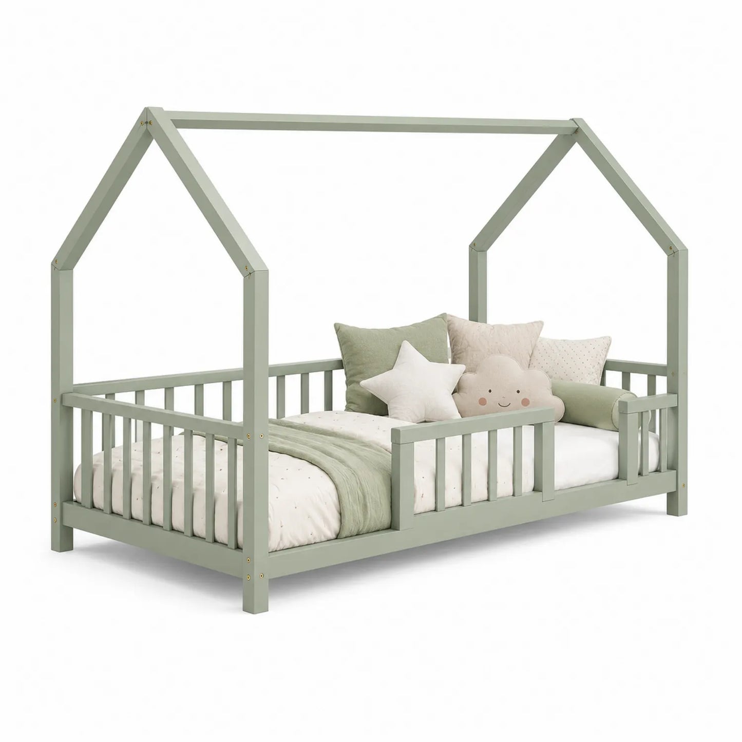Łóżko dziecięce domek 200 cm x 90 cm x 160 cm drewno sosnowe MDF zielony szałwiowy z barierkami