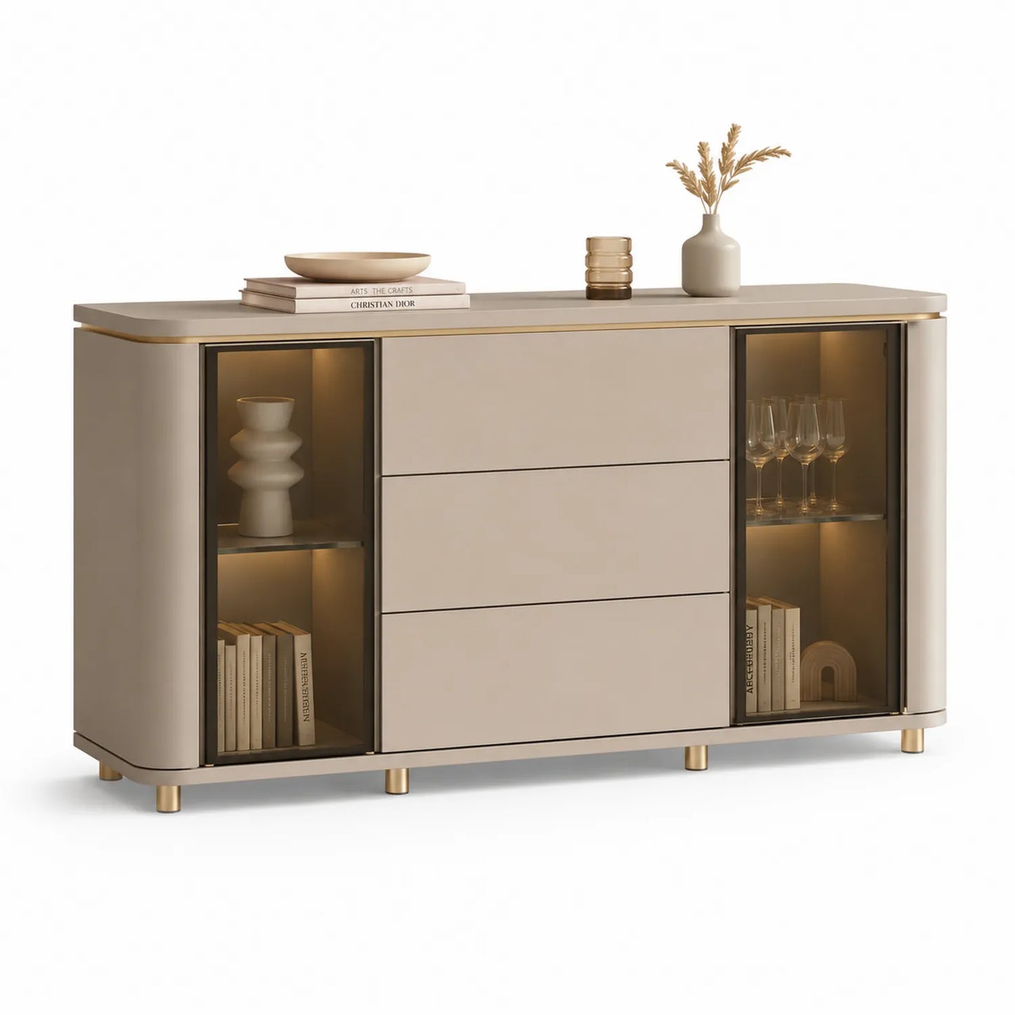 Kredens do jadalni 160 cm MDF stal malowana proszkowo szkło hartowane beżowy złote nogi 160 cm szerokość 40 cm głębokość 85 cm wysokość