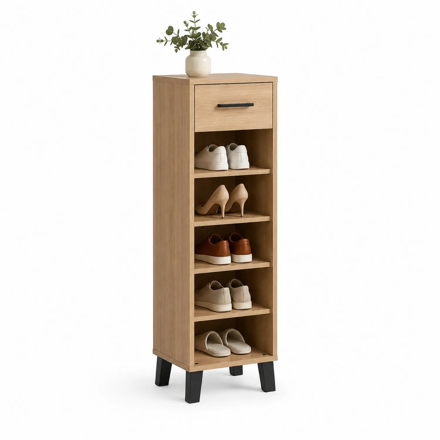 Wąska szafka na buty 50 cm 30 cm 180 cm MDF fornir dąb naturalny czarne nogi z szufladą i półkami