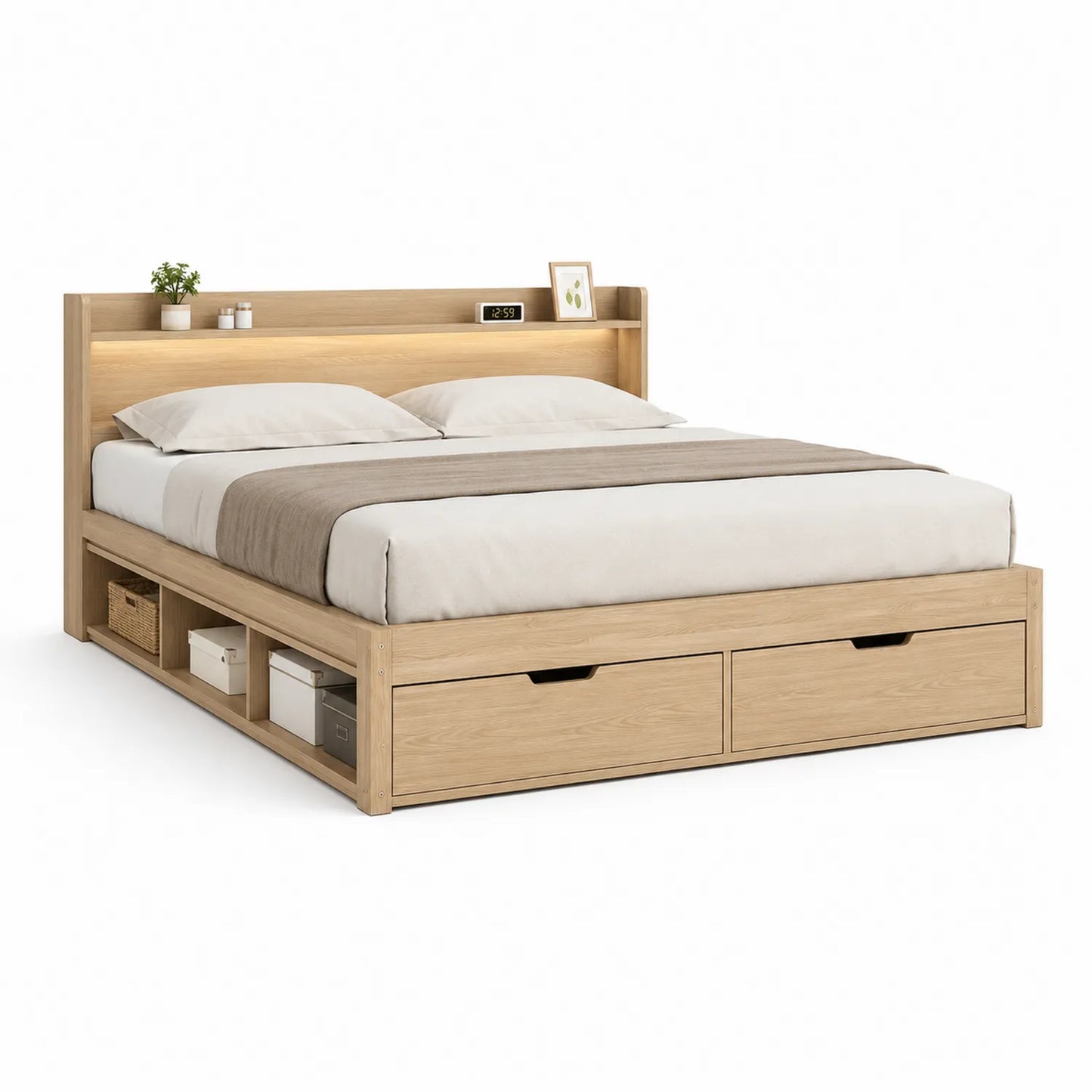 Łóżko z szufladami 160x200 cm MDF dąb naturalny rama z zagłówkiem półką i oświetleniem LED