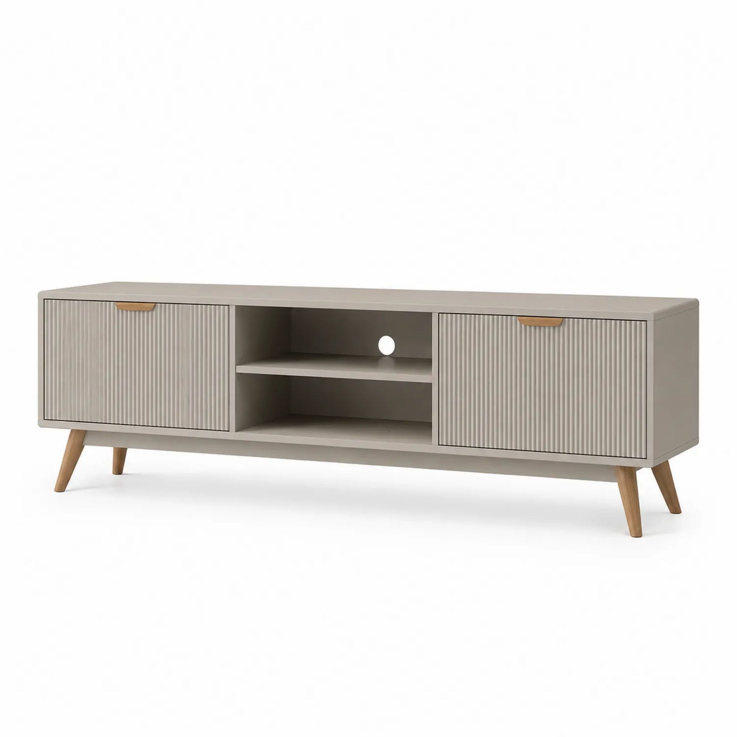 Szafka RTV MDF 180 cm 40 cm 50 cm kremowa jasnoszara z ryflowanymi frontami i drewnianymi nogami