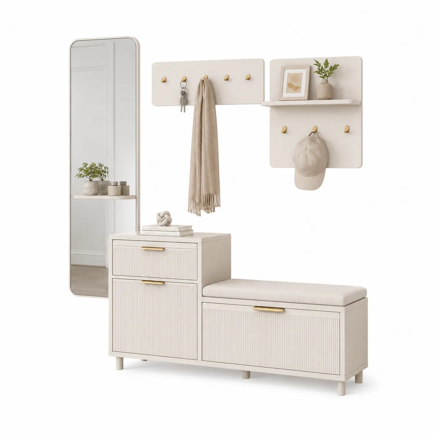Zestaw mebli do przedpokoju MDF beżowy złote elementy 160 cm 40 cm 45 cm z ławką lustrem panelem wieszaków i półką