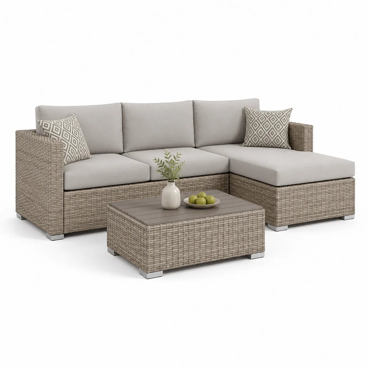 Zestaw mebli ogrodowych sofa narożna technorattan beżowy szary 220 cm x 160 cm x 70 cm z poduszkami i stolikiem kawowym