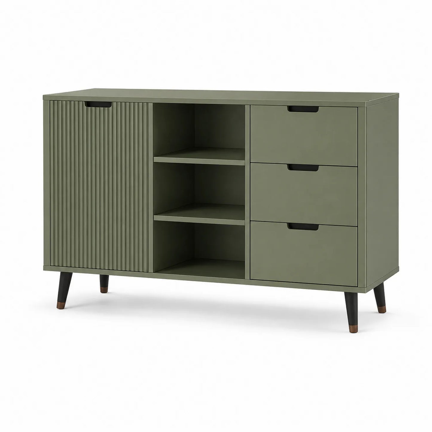 Kredens do jadalni 160 cm MDF oliwkowy ryflowany front 3 szuflady 2 półki czarne nogi 85 cm 40 cm