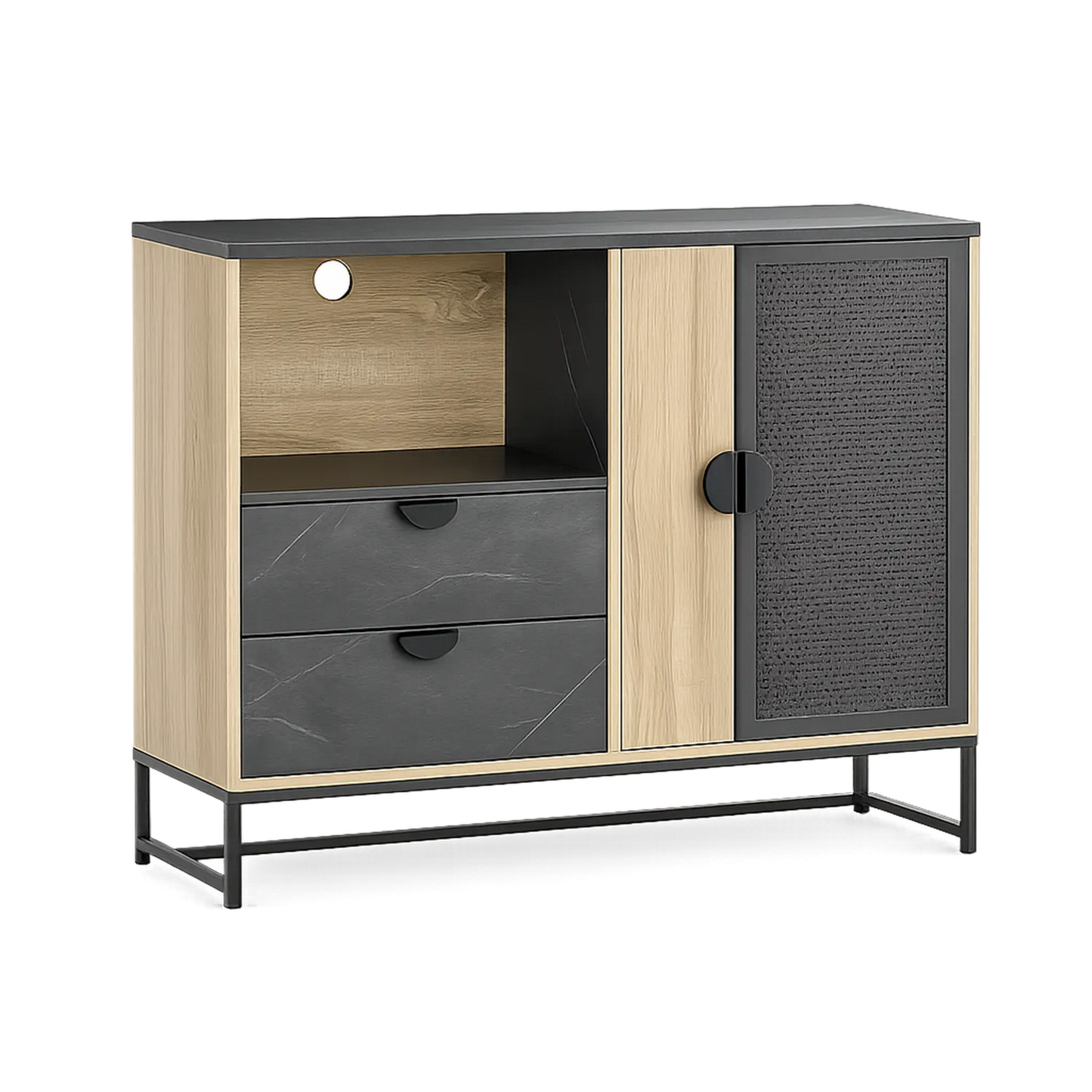 Kredens do jadalni komoda MDF laminowana dąb jasny grafit czarny 120 cm szerokość 40 cm głębokość 80 cm wysokość szafka z szufladami i drzwiczkami