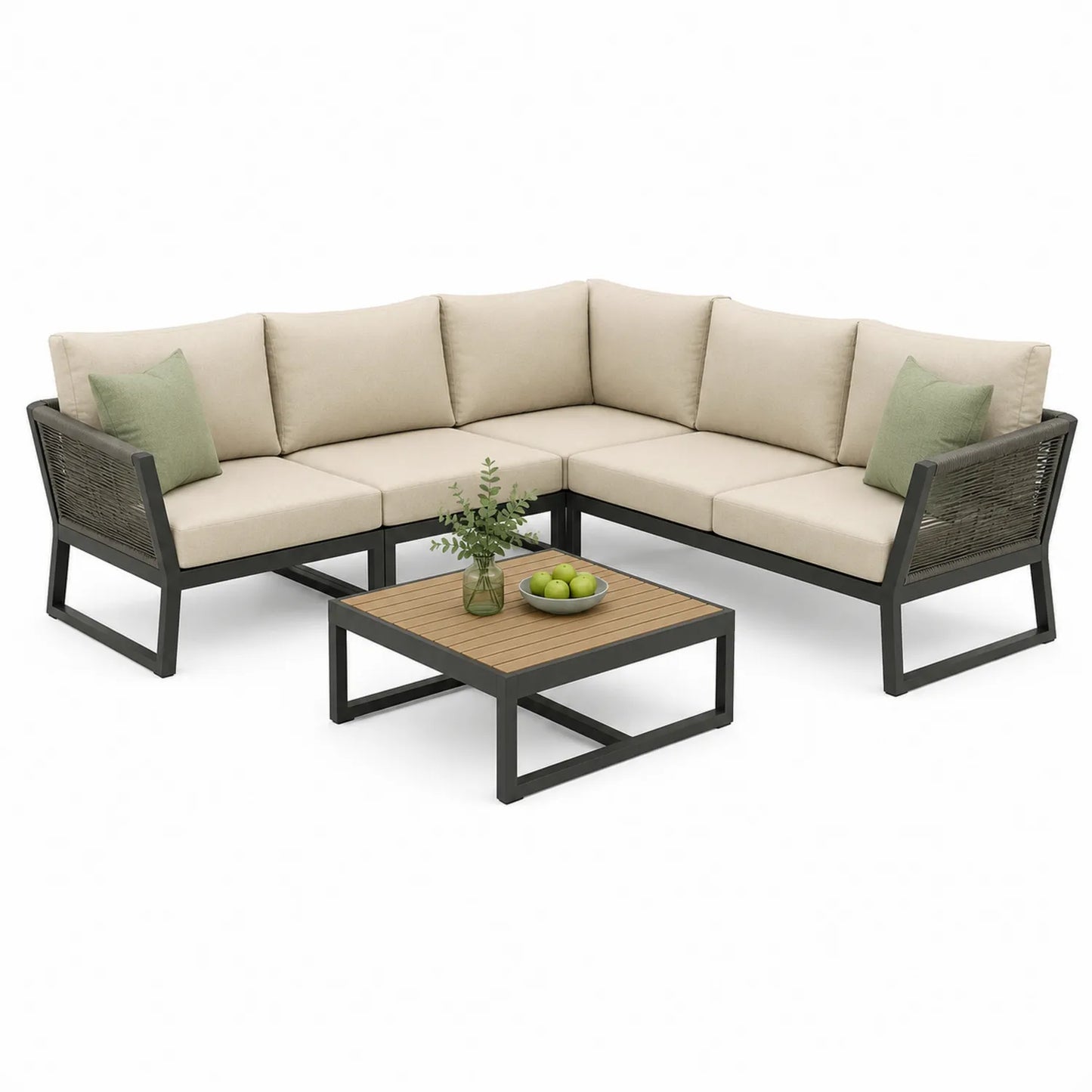 Zestaw mebli ogrodowych sofa narożna L technorattan pleciony beżowy 260x200x70 cm z stolikiem kawowym