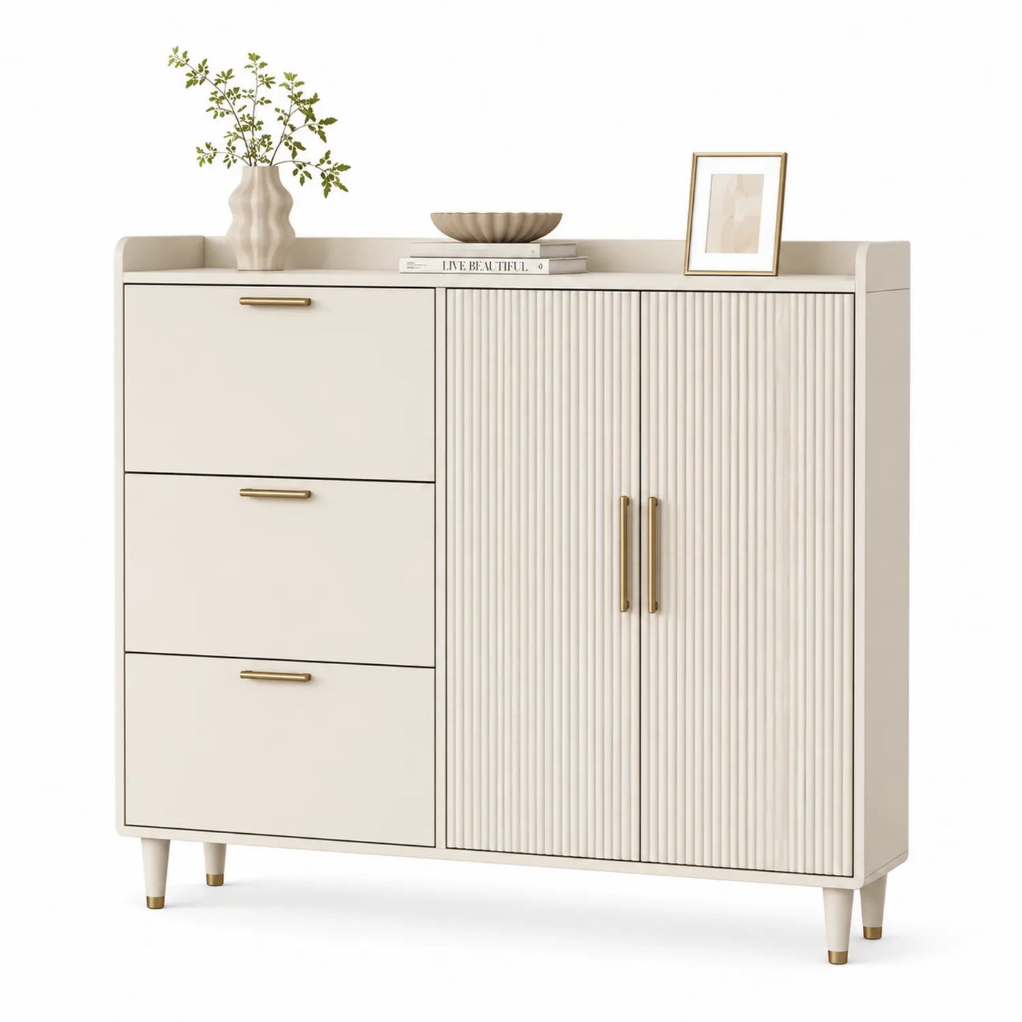 Szafka na buty 120 x 35 x 90 cm MDF beżowo kremowa z 3 szufladami i dwudrzwiową szafką ryflowane fronty złote uchwyty