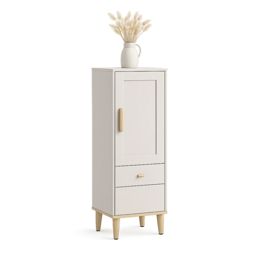 Kredens stojący MDF lakierowany biały drewniane nogi złote uchwyty 40 x 35 x 120 cm