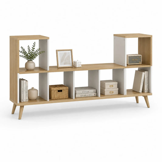 Szafka RTV prostokątna 160 x 30 x 70 cm z MDF laminowanego w kolorze naturalnego dębu i białym z otwartymi półkami