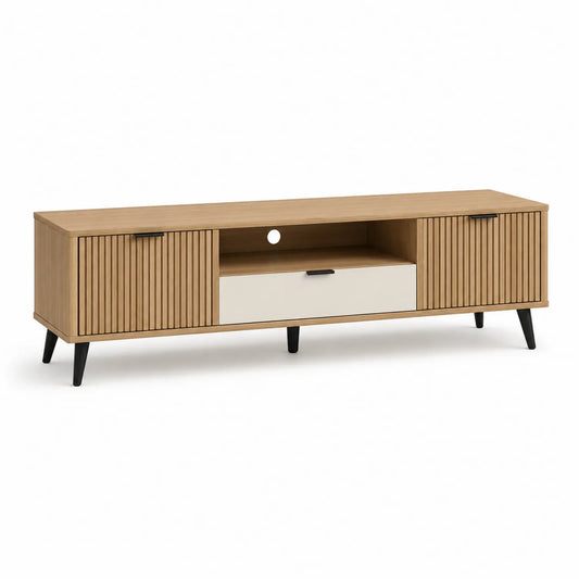 Szafka RTV MDF laminowana dąb naturalny biały 180 cm 40 cm 50 cm z czarnymi stalowymi nogami i otworem na kable