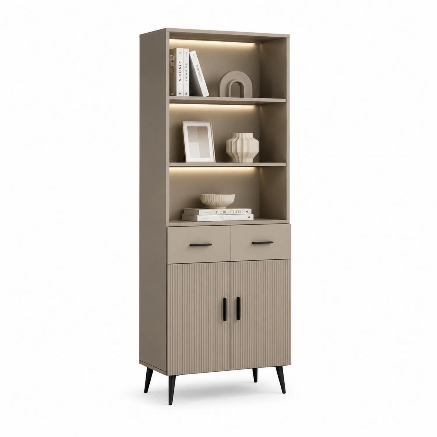 Kredens do jadalni wysoka szafka LED MDF płyta wiórowa ryflowane fronty beżowy czarny 180 cm 80 cm 35 cm