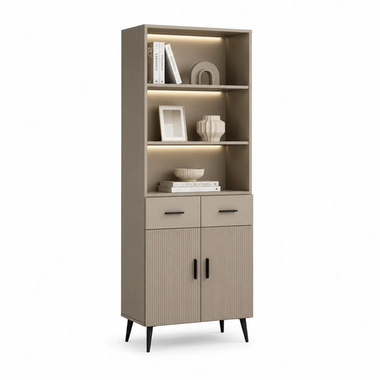 Kredens do jadalni wysoka szafka LED MDF płyta wiórowa ryflowane fronty beżowy czarny 180 cm 80 cm 35 cm