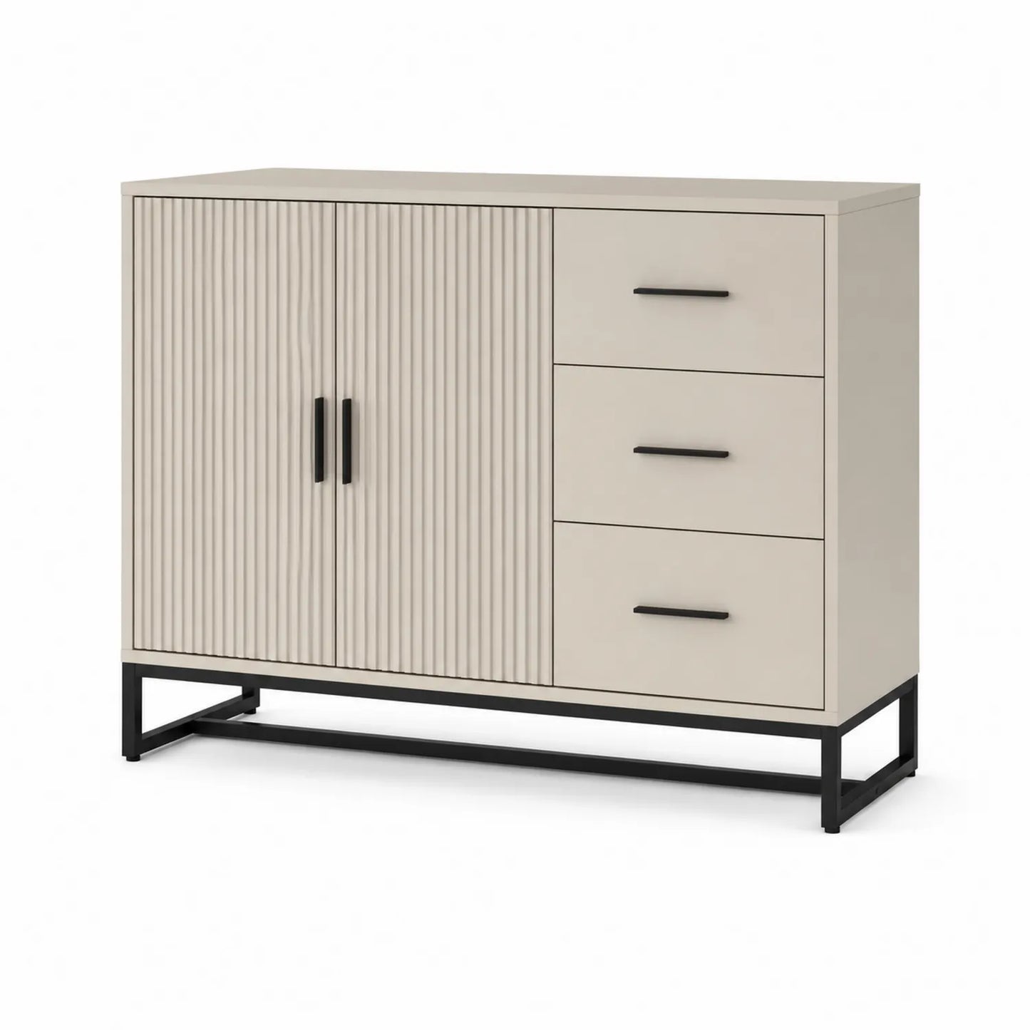 Kredens do jadalni 120 cm 40 cm 85 cm MDF beżowy ryflowane fronty czarne stalowe nogi szafka z szufladami i drzwiami