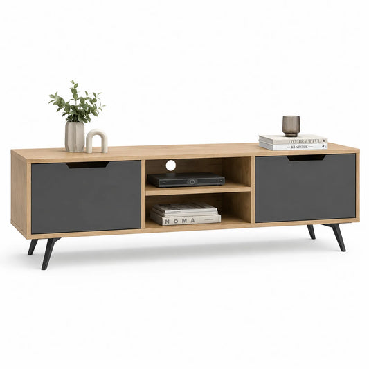 Szafka RTV 180 x 40 x 45 cm MDF dekor dąb naturalny szare fronty czarne metalowe nogi z otwartą półką i przepustem na kable