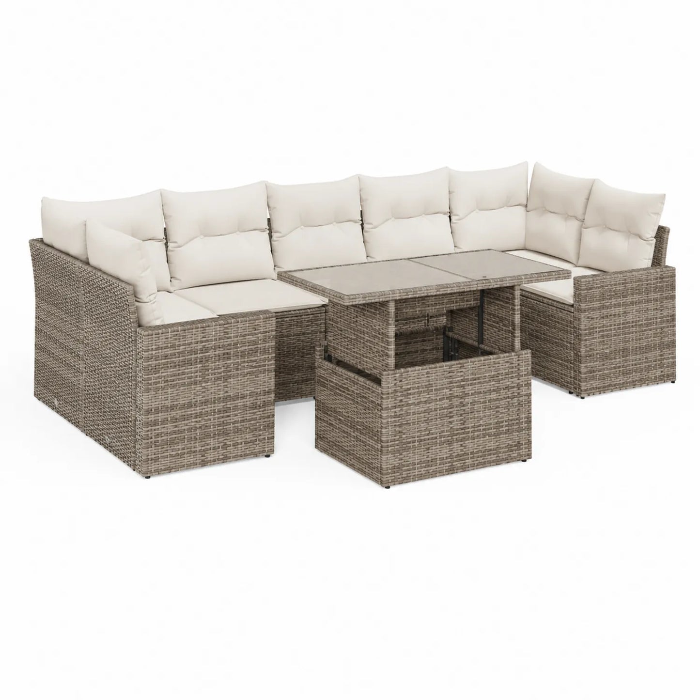 Zestaw mebli ogrodowych sofa narożna technorattan beżowy 250 cm x 180 cm x 70 cm z poduszkami i stolikiem modułowy
