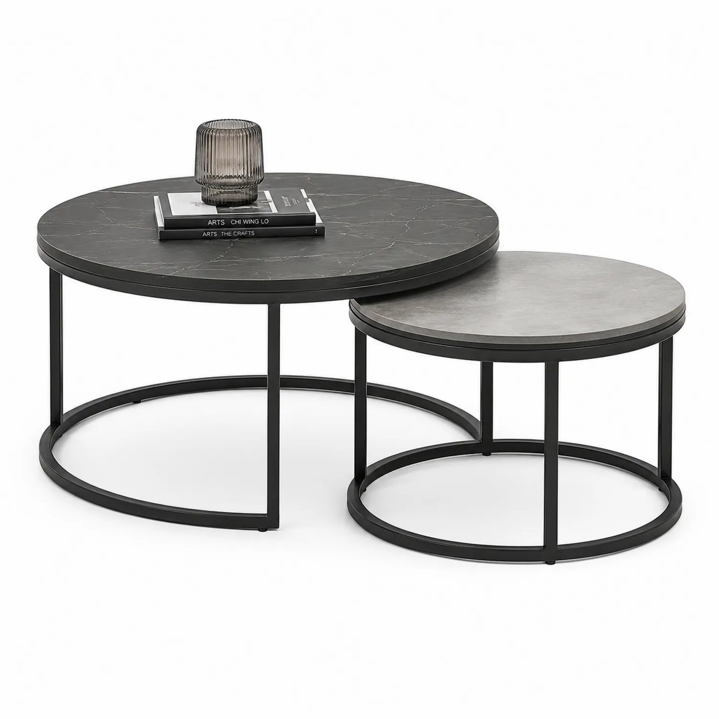 Zestaw 2 okrągłych stolików kawowych MDF efekt marmuru czarna stal 80 cm i 60 cm
