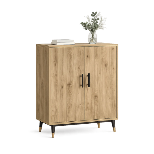 Kredens do jadalni 80 cm 40 cm 90 cm MDF dąb naturalny dwudrzwiowy czarne nogi