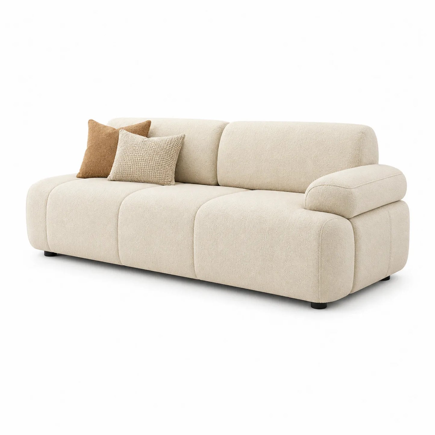 Sofa modułowa trzyosobowa tapicerowana tkanina poliestrowa beżowa 200 cm 95 cm 85 cm z podłokietnikami i poduszkami