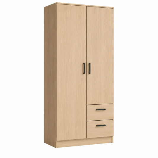Szafa do sypialni MDF okleina dąb naturalny 80 x 50 x 180 cm 2 drzwi 2 szuflady czarne metalowe uchwyty