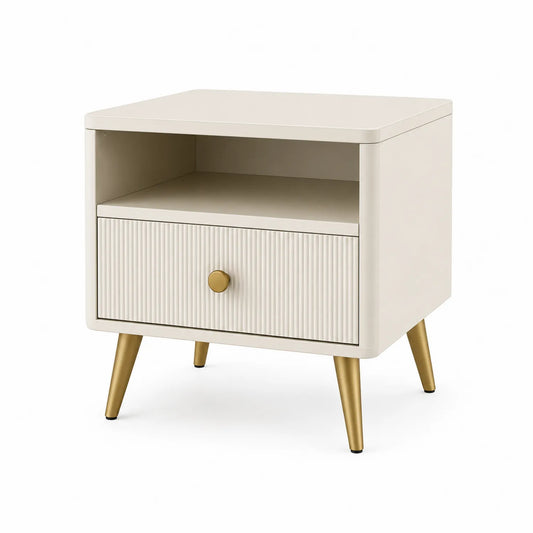 Szafka nocna 45x40x50 cm MDF laminowana beżowa złota z szufladą i otwartą półką metalowe nogi
