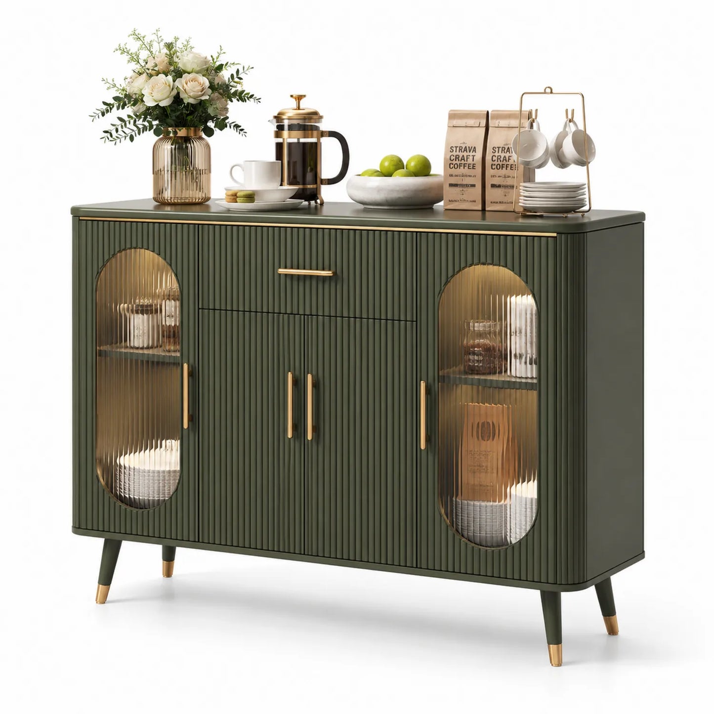 Kredens do jadalni 140 cm MDF zielony złote uchwyty szkło prążkowane 85 cm 40 cm 35 cm