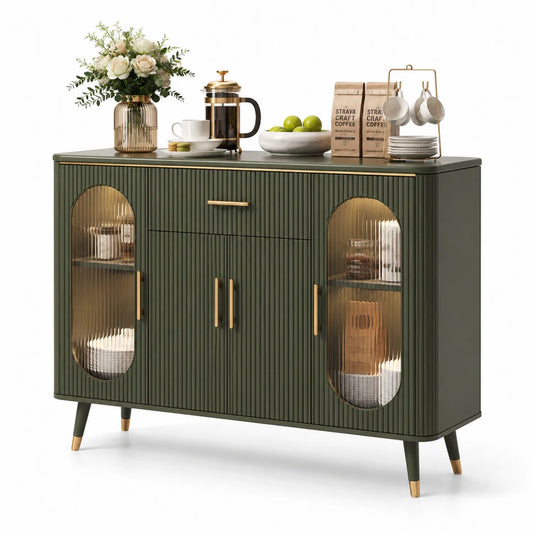 Kredens do jadalni 140 cm MDF zielony złote uchwyty szkło prążkowane 85 cm 40 cm 35 cm