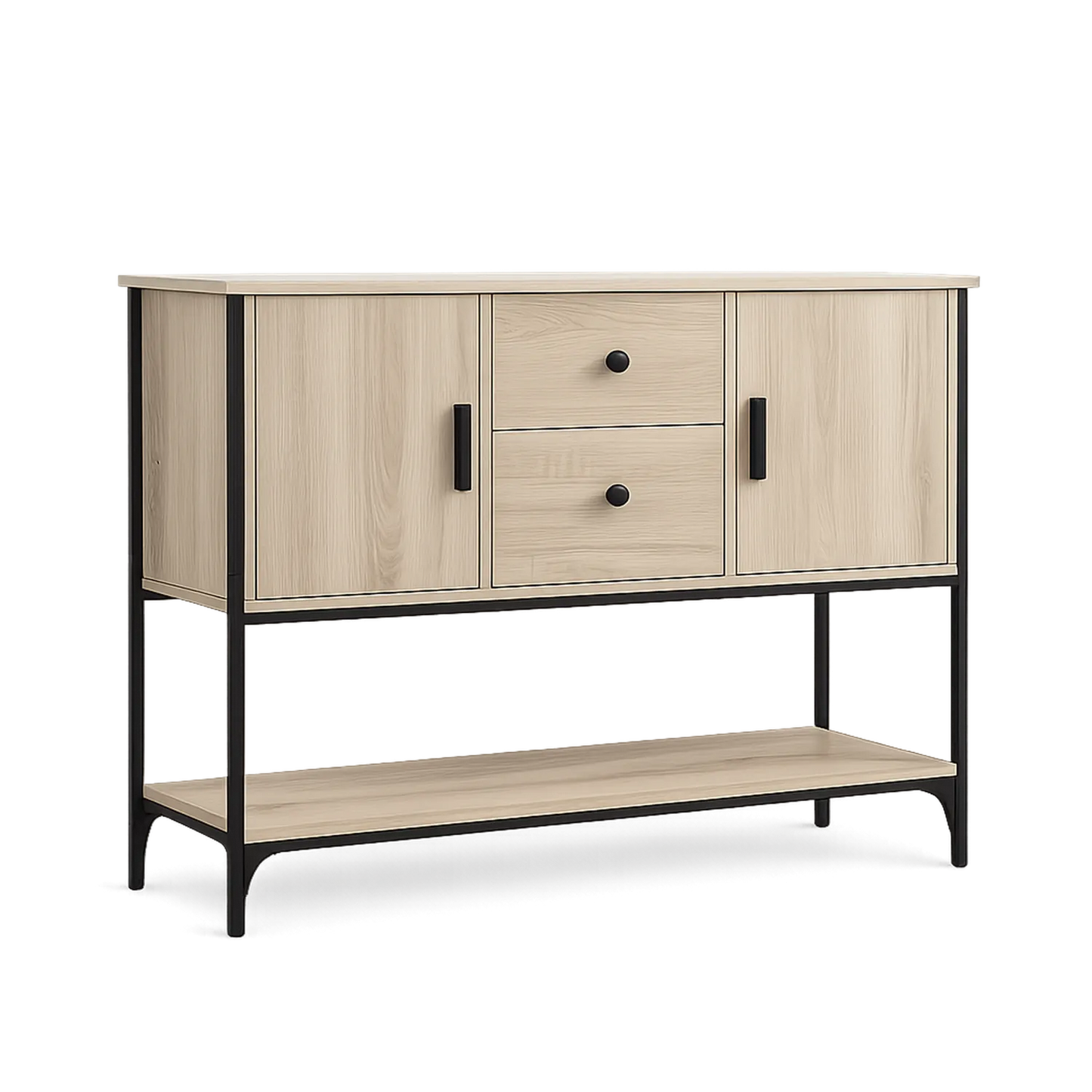 Kredens do jadalni MDF dekor dębu czarna stalowa rama 2 drzwi 2 szuflady 140 x 35 x 80 cm