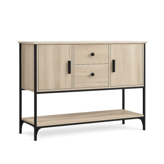 Kredens do jadalni MDF dekor dębu czarna stalowa rama 2 drzwi 2 szuflady 140 x 35 x 80 cm