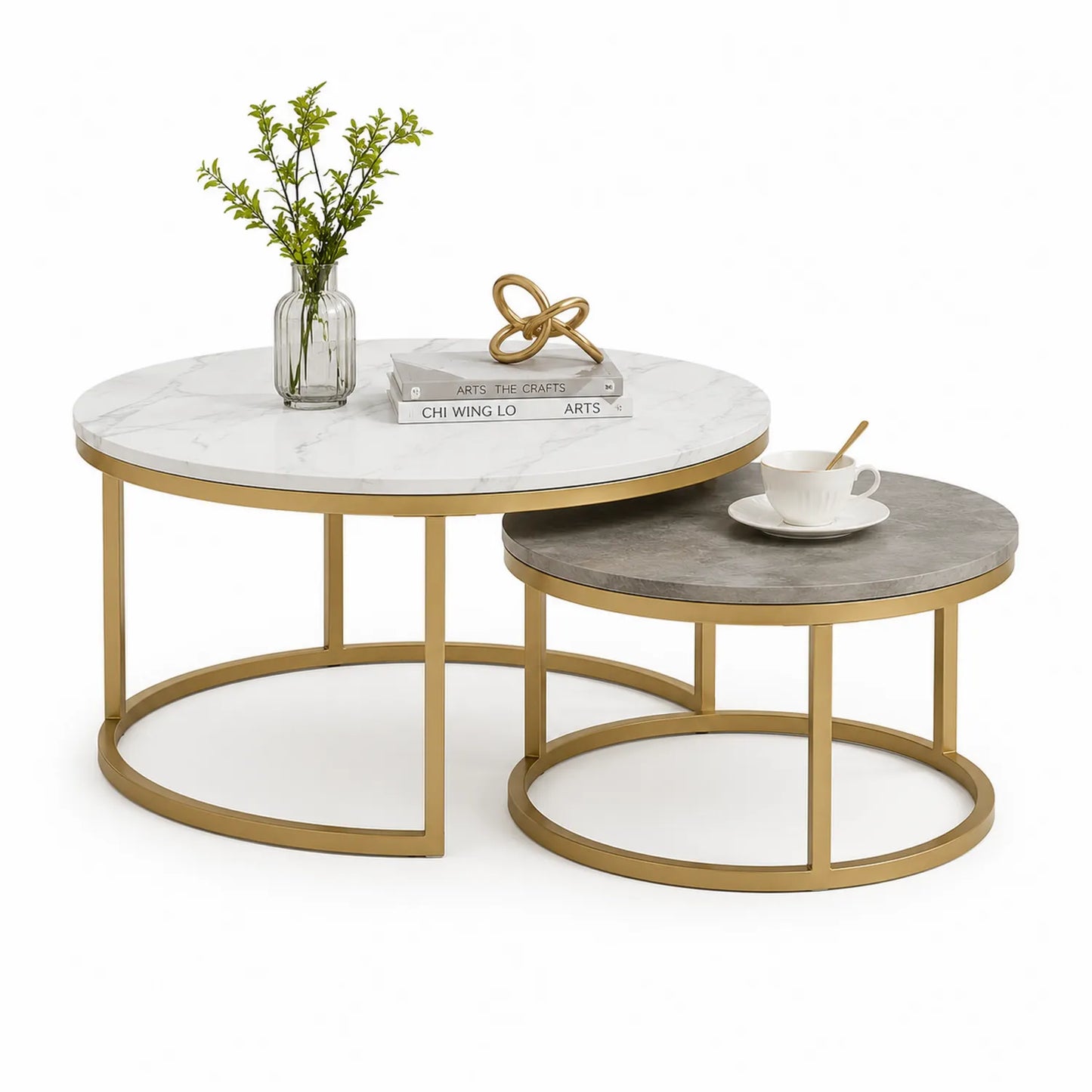 Zestaw 2 okrągłych stolików kawowych MDF dekor marmuru stalowa rama złota biały szary 70 x 70 x 45 cm 50 x 50 x 40 cm