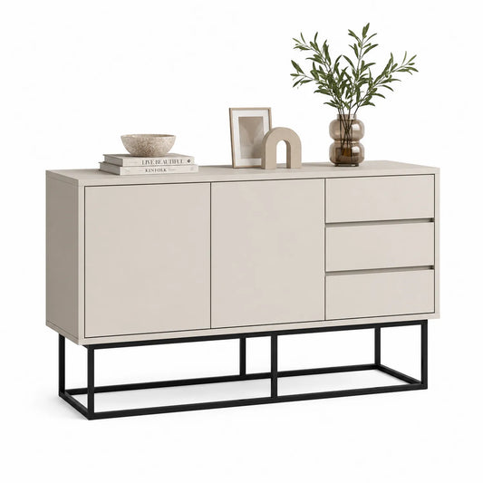 Kredens do jadalni MDF beżowy czarna stalowa rama 2 drzwi 3 szuflady 160 x 40 x 80 cm