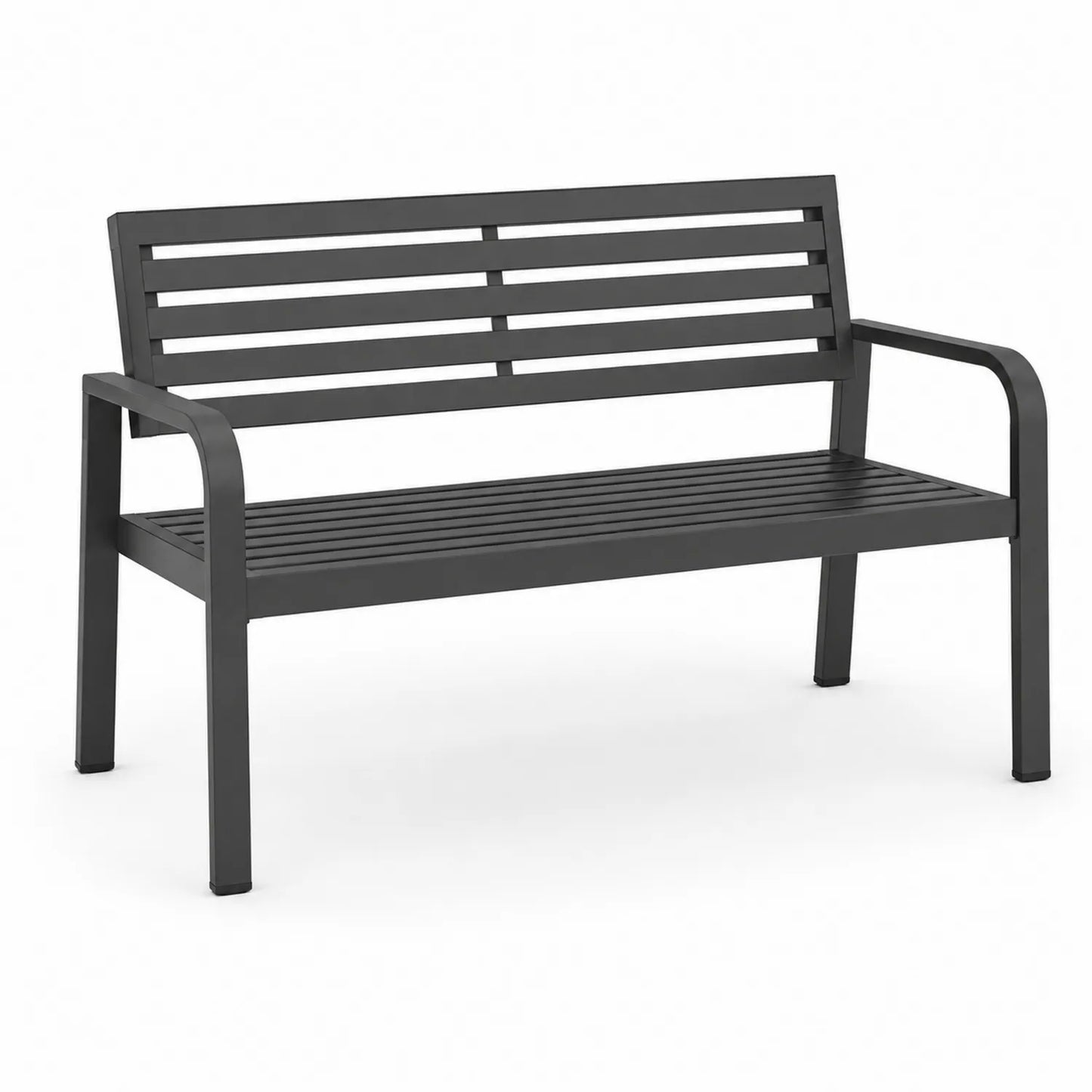 Ławka ogrodowa stalowa czarna 125x60x85 cm z oparciem i podłokietnikami listwowa konstrukcja metalowa