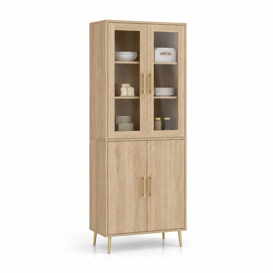 Kredens do jadalni witryna MDF laminowany dąb naturalny szklane drzwi złote uchwyty 180 cm x 80 cm x 40 cm