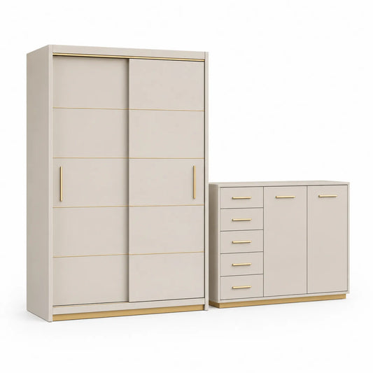 Zestaw mebli szafa przesuwna 120 x 60 x 200 cm i komoda 80 x 40 x 80 cm z MDF beżowy ze złotymi elementami