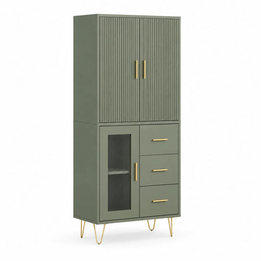 Kredens do jadalni 190 cm MDF zielony ryflowane fronty szkło ryflowane złote uchwyty metalowe nogi 80 cm 40 cm