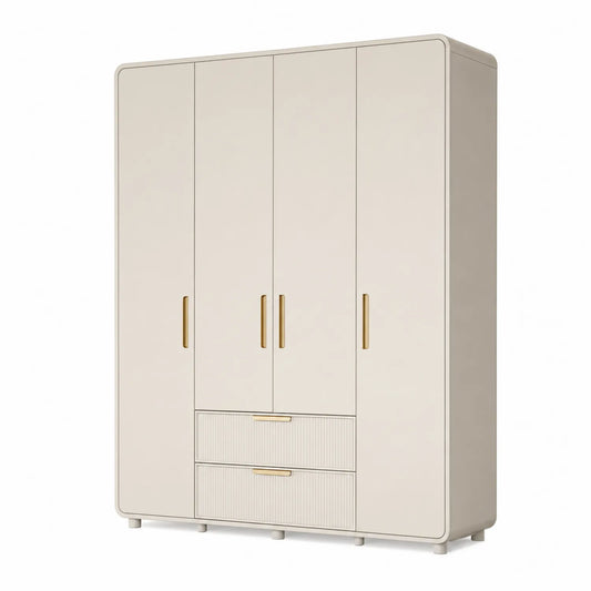 Szafa 4-drzwiowa 180x55x200 cm MDF beżowa złote uchwyty z 2 szufladami i półkami
