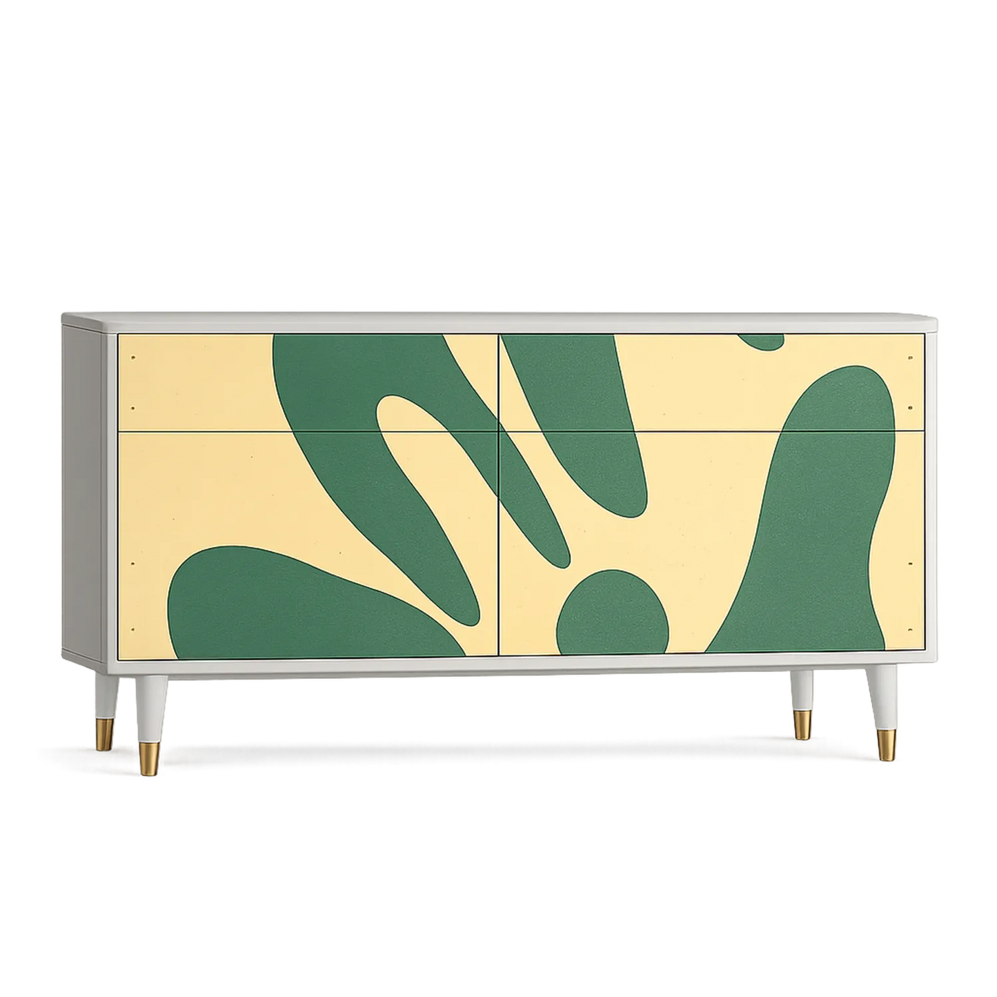 Kredens do jadalni MDF laminowany biały zielony wzór fronty złote nogi 160 cm x 40 cm x 80 cm