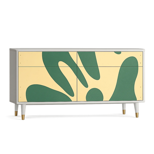 Kredens do jadalni MDF laminowany biały zielony wzór fronty złote nogi 160 cm x 40 cm x 80 cm