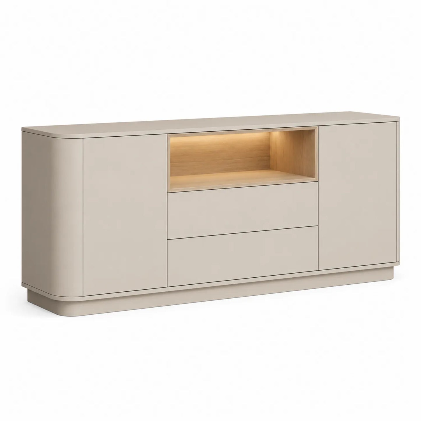 Kredens do jadalni komoda MDF laminowana beżowa LED 160 cm długość 80 cm wysokość 40 cm głębokość zaokrąglone krawędzie 2 drzwi 2 szuflady